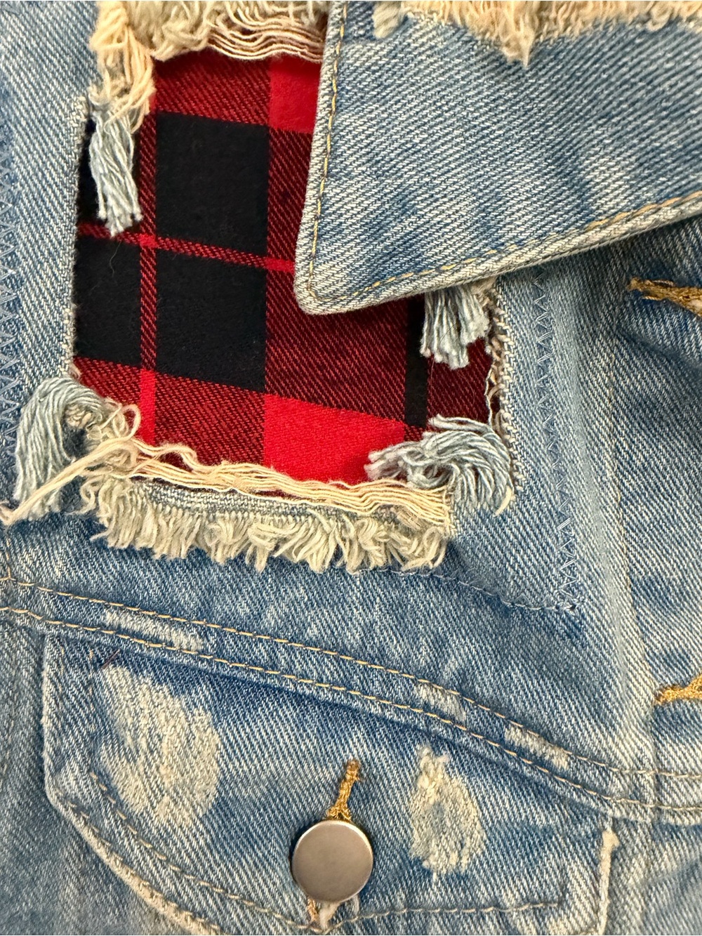 UNIF Light Blue Distressed Denim Vest with Red Plaid Panels - Picture 4 of 4